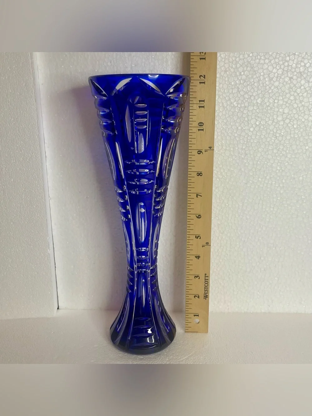 Vintage Cobalt Blue Cut Crystal Vase 12” Pedestal Geometric Art Glass Heavy Read